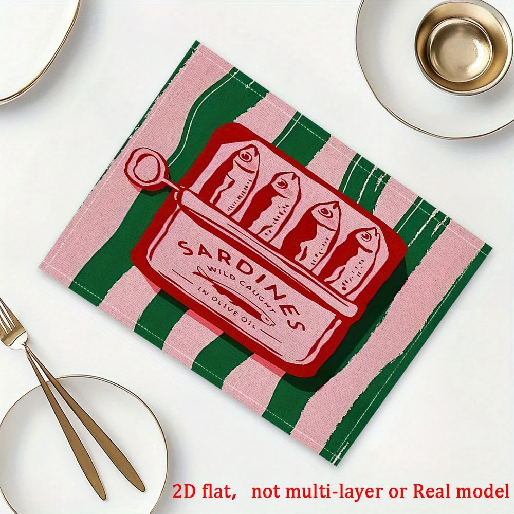 Sardine Can Artwork Placemats - Vintage-Inspired Polyester Table Mats with Green & White Stripes,Kitchen & Dining Decor