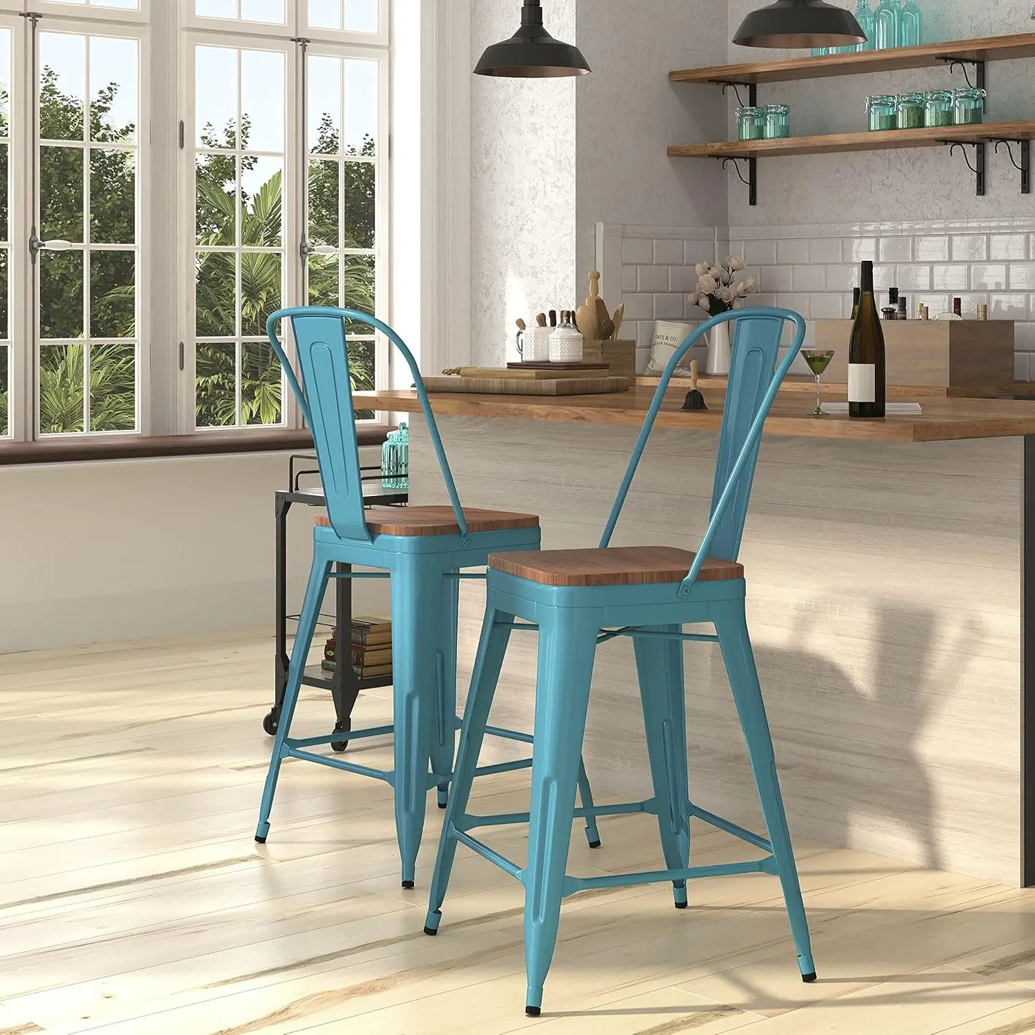

Sarah 24"" Indoor-Outdoor Counter Stool With Wood Seat - Metal Stool With Crystal Blue-Teal Finish - Vertical Slat Ba -