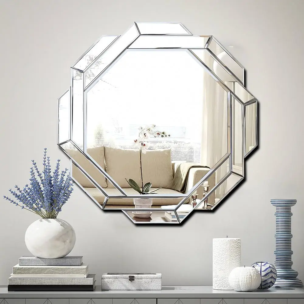 Hexagonal Frameless Beveled Mirror Wall Decor Bathroom Living Room Office 23.6X23.6inches Polished Silver Helicoid Design Walls