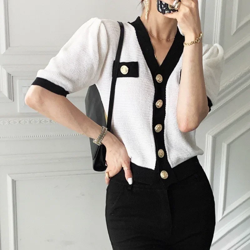 Contrast V-neck Cardigans Femme Short Sleeve Sweater Single Breasted Ropa Mujer Korean Simple Knitwears Summer 2024 Sueters