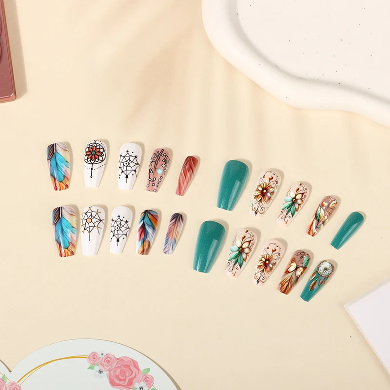 Women's 24-Piece Set Press-On Nails with Butterfly and Plant Theme for Hand Decor Gifts