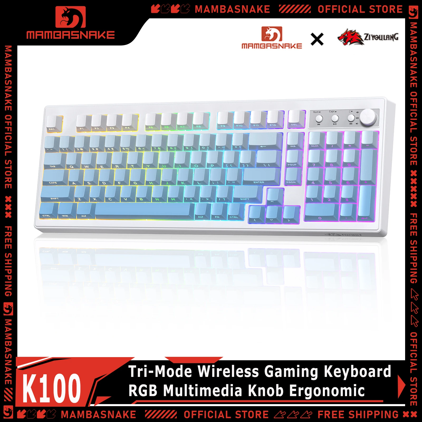 Teclado Mecânico Sem Fio ZIYOULANG K100 Tri-Mode para Jogos, 99 Teclas, RGB, Botão Multimídia, Ergonômico para PC e Escritório