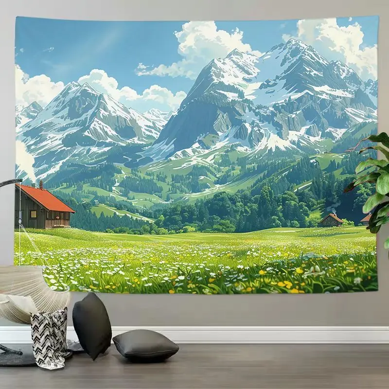 VIKAMA Anime Lakeside Windmill Hut Tapestry, High Definition Wear-Resistant Fabric Wall Art for Living Room Decor