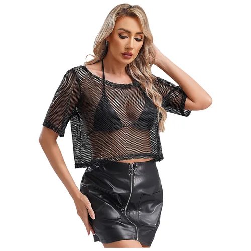 Imagen 2 del producto Camiseta de rejilla de discoteca de los años 80 para mujer, ropa de playa, Top corto calado de manga corta de verano de neón para traje de baño, ropa para fiesta Rave y discoteca