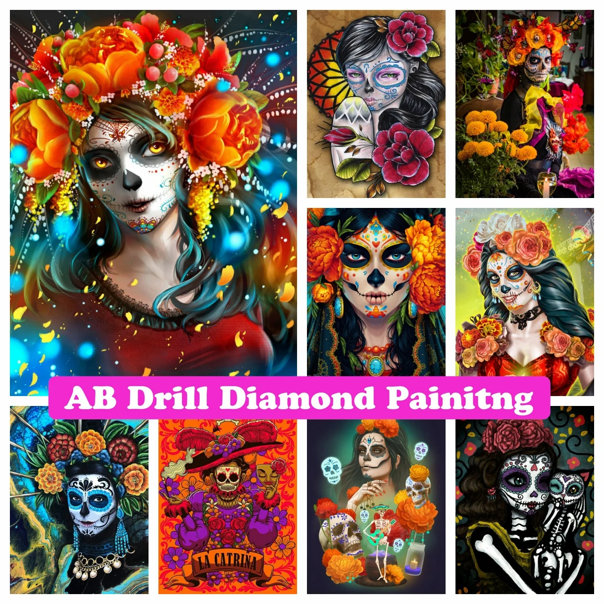 

La Catrina Death Skull Sugar Girl AB Drills Diamond Painting Mosaic Day of The Dead Mexican Cross Stitch Embroidery Home Decor