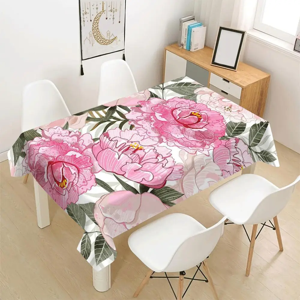 Peony Flower Tablecloth, White Background With Big Floral Leaf Pattern, Waterproof Table Cover for Daily Meals & Home Party Use