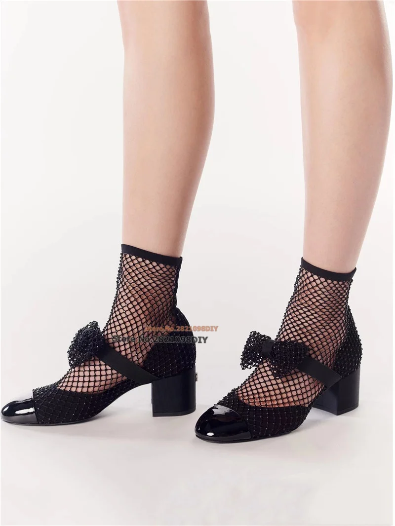 White Black Lace Mesh Bowtie Crystal Sock Boots Women Chunky Mid Heeled Round Toe Ankle Boots Prom Shoes