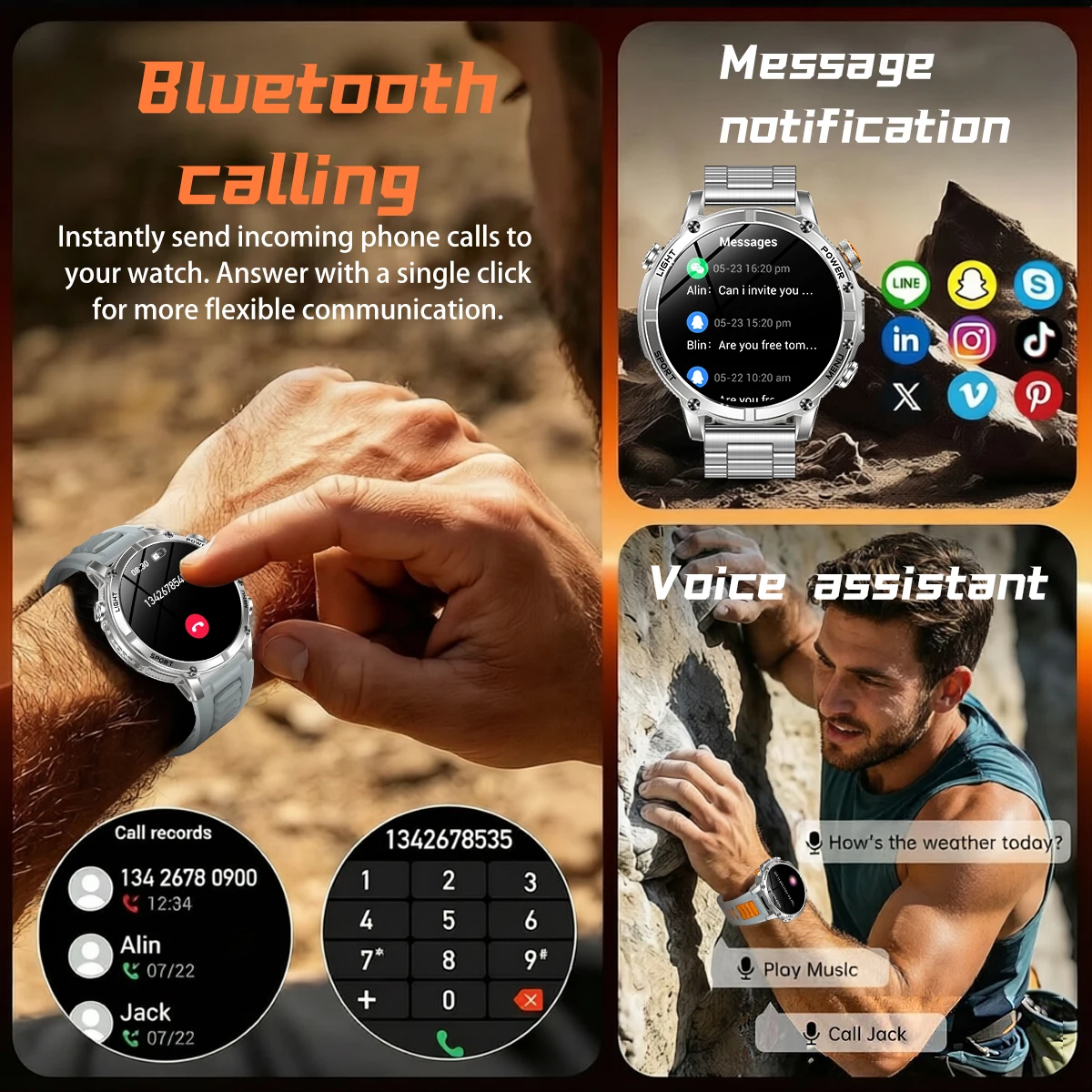 Military Smartwatch with IP68 Waterproof & Flashlight