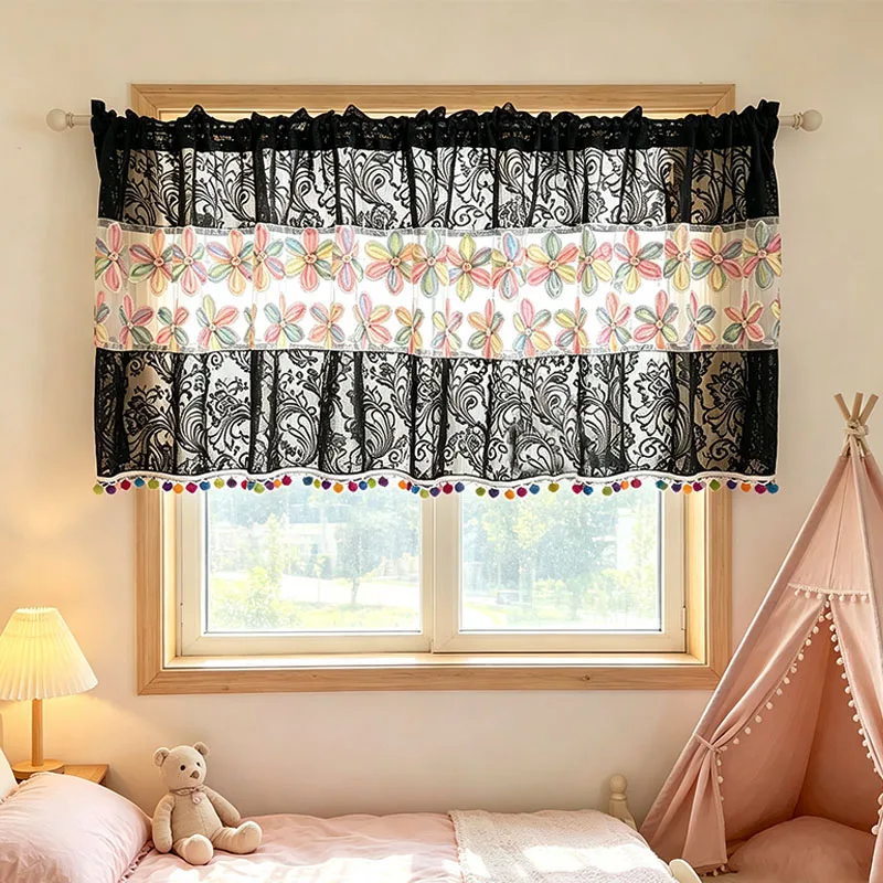 1pc Black Feather Lace Spliced, Multicolor Frayed 3D Flower Mesh Curtain, Rainbow Pom Pom Edge Decor Drape for Kid’s Bedroom
