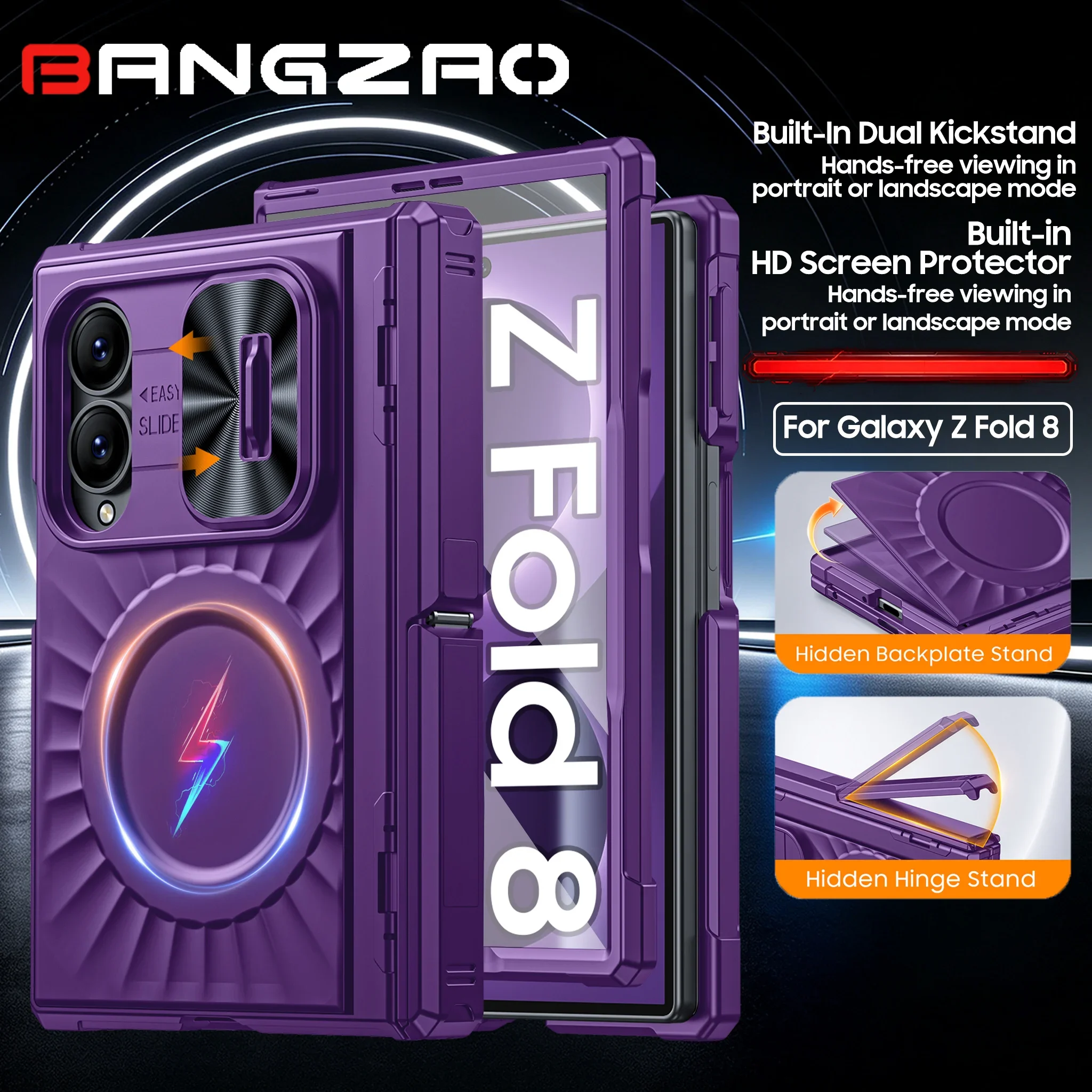 with Magnetic,Tempered Glass Screen Protector, Slim Translucent Matte Shockproof Case for Samsung Galaxy Fold 8 Case-Purple