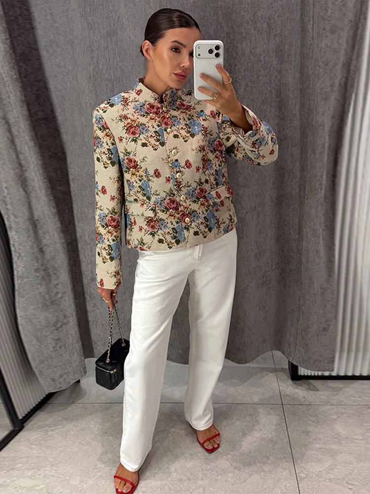 Bedruckte Stehkragen-Knopfjacken für Damen, Streetwear, Langarm, Einreihig, mit Taschen, Lose Mäntel, Herbst-Chic, Neue Oberbekleidung – Detail 7