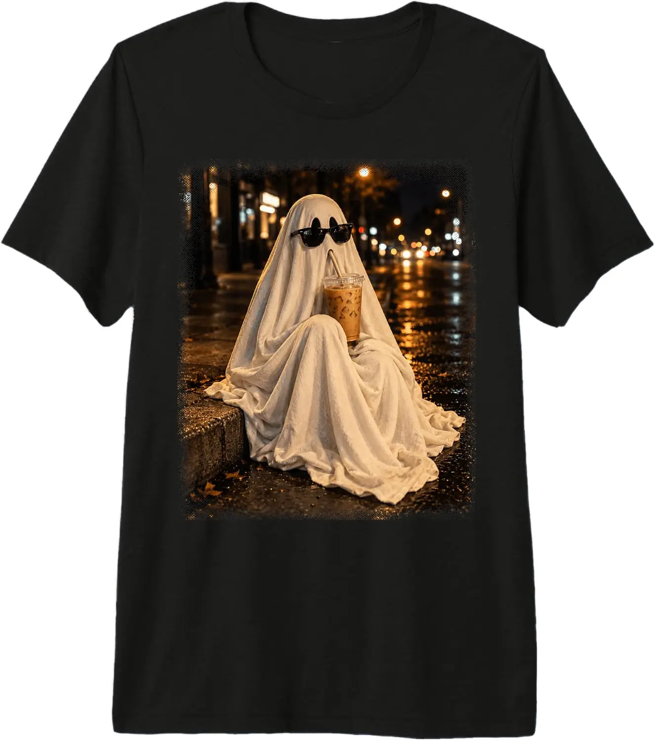 Funny Iced Coffee Ghost Meme Sunglasses Vintage Halloween Premium Tri-Blend T-Shirt Men Vintage Graphic T‑Shirt, Casual Crew Neck Short Sleeve Retro Art Print Tee, Classic Distressed Style Printed Top