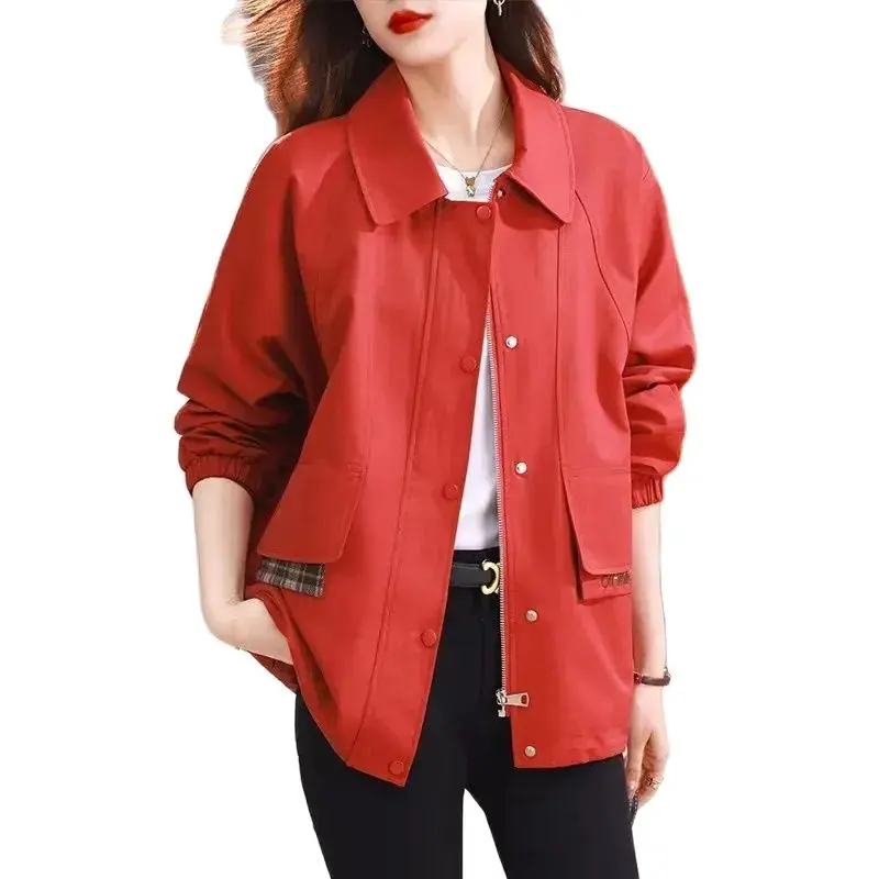 

2024 New Spring Autumn Jackets Tops Fashion Women's Coat Lapel Collar Red Khaki Coffee Casual Coat Loose Short Windbreaker