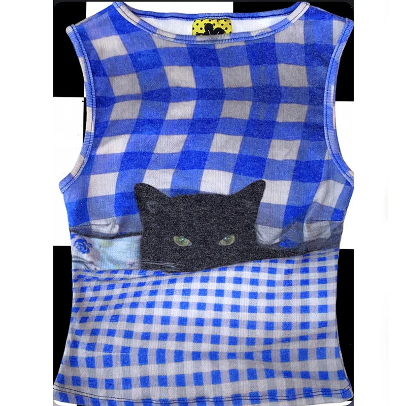 Y2K Blue Checkered Black Cat Print Sleeveless Vest Slim Fit Sexy Retro for Women