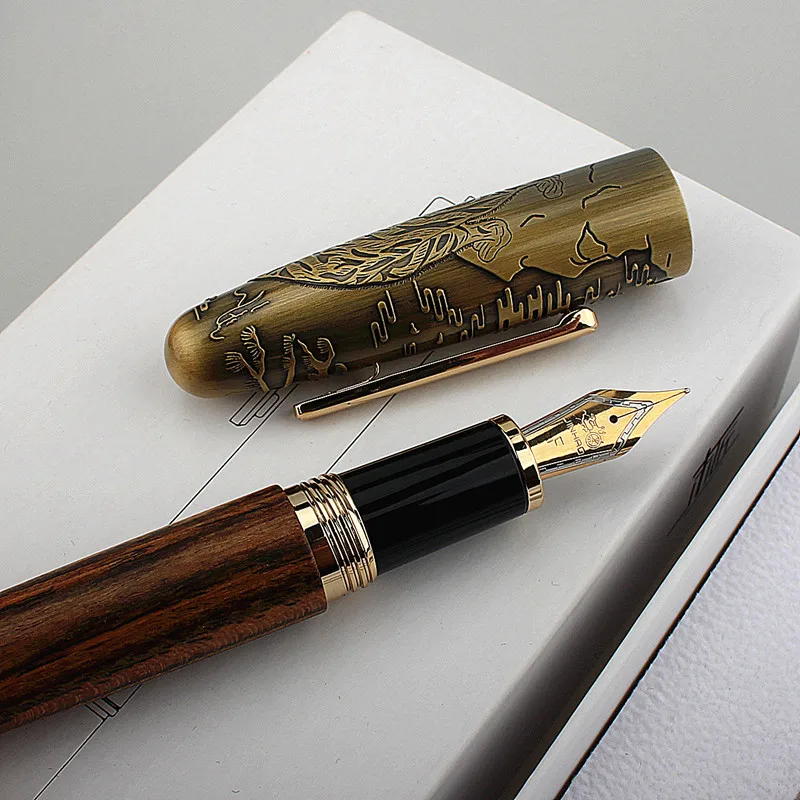 Jinhao 9056 Tiger Embossed Fountain Pen EF/F/M/Bent Nib, Handmade Wooden Writing Office Pen Set Business Stationery Gifts