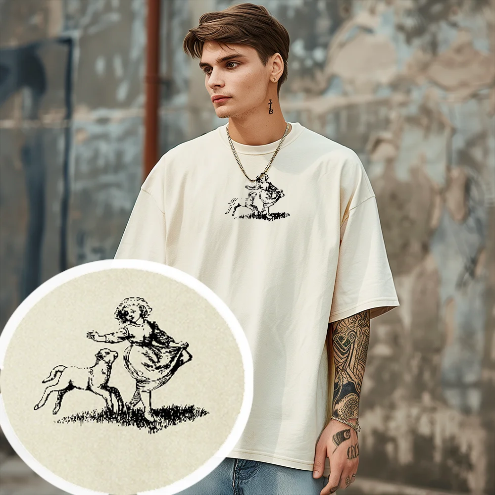 

Vintage Washed T-shirt Girl and Lamb Farm Life Graphic Colorful Tees Street Wear Y2K Women‘s Clothes Cotton Casual Crew Neck