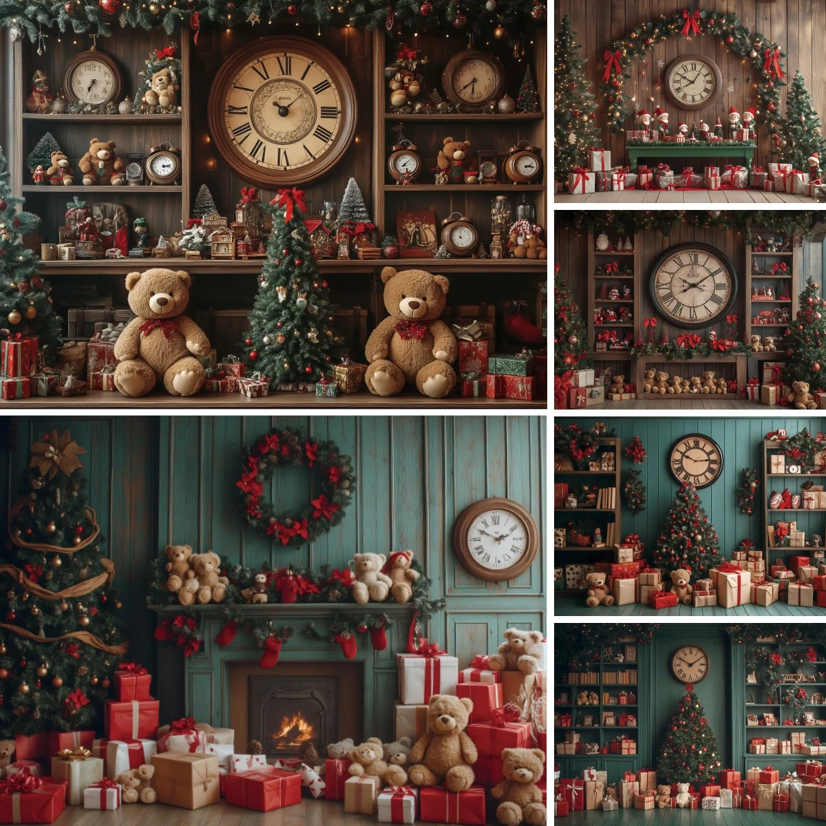 Vintage Bookshelf Christmas Backdrop Teddy Bear Clock for Nostalgic Green Room Backdrop Decor Winter Kids Birthday Photo Studio