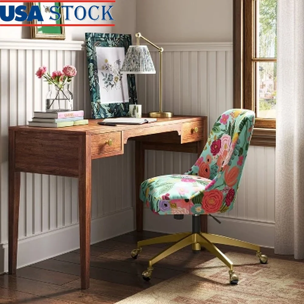 

Gold Desk Lamp with Pleated Linen Shade Floral Print Metal Base 40W E26 Bulb Not Included Inline Rocker Switch 5ft Power Cord