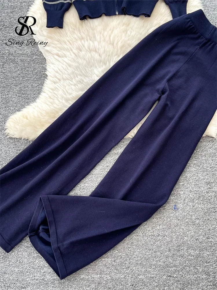 American Retro Stripe Casual Sets Ladies Zipper Cardigan+Wide Leg Pants Stretchy Knitted Trendy Basic Autumn 2Pcs Sets