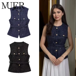 MUJER 2025 Sequin Sleeveless Vest Women Textured Luxury Waistcoat Vest Women Luxury Button Women's Warm Vest New in Outerwears