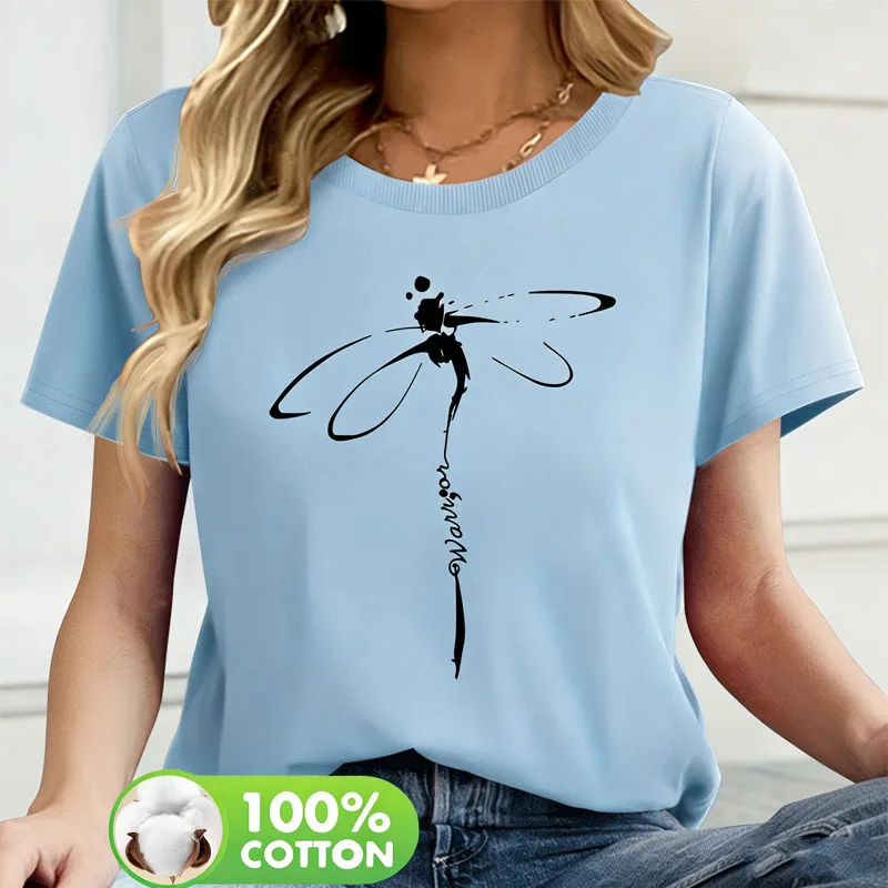 Women's Cotton T-shirt Summer Lady Casual Short Sleeve Streetwear Woman Daily Loose Tops Dragonfly Graphic Shirts Minimalist Tee