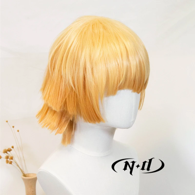 ND 젠이츠 아가츠마 코스프레 가발 헤어피스 귀멸의 칼날 애니메이션 코스프레 헤어 가발 코믹콘 코스어용 내열성 합성