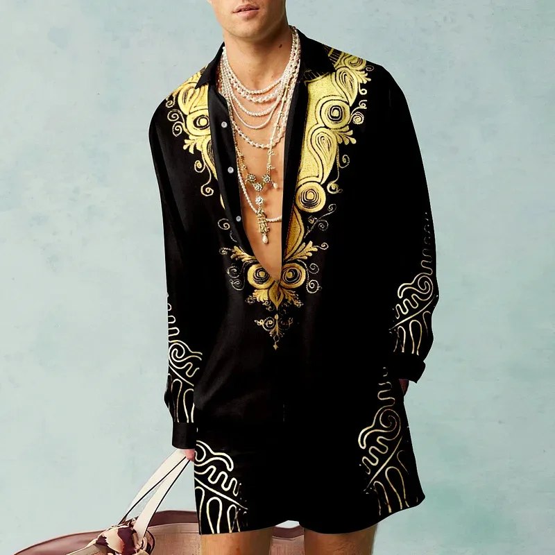 Fashion Black Style Shirt Sets 3D Printed Men Casual Long Sleeves Shirts Oversized Beach Shorts Summer Streetwear Suits Clothing