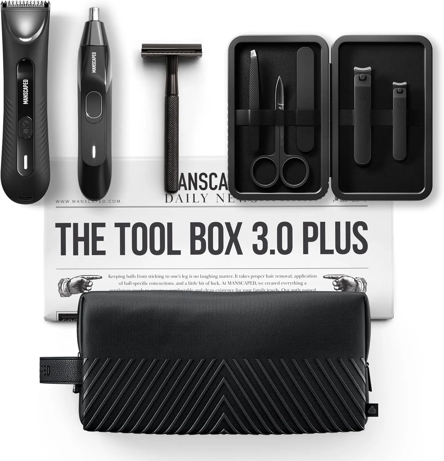 

Complete Grooming Kit: Groin Hair Trimmer, Nose Hair Trimmer, Razor, Nail Kit & Toiletry Bag