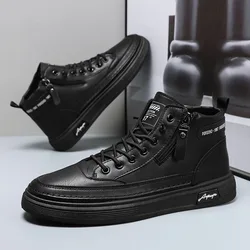 Spring Autumn Men High Top Leather Casual Shoes Fashion Non Slip Wear-resistant Tooling Shoes Men Ankle Boots Flat Shoe Sneakers