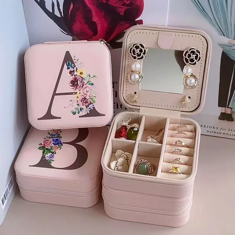 Flower&alphabet Jewelry Box Ring Boxes Travel Leather Jewellery Case Letter Print Bridesmaid Proposal Birthday Christmas Gift