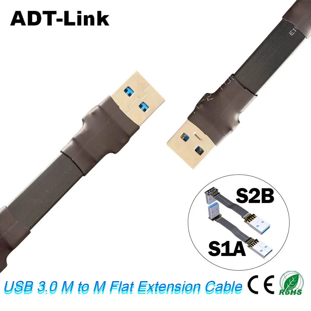 ADT-Link USB 3.0 Male to Female Flat Extension Cable Flexible 5Gbps Male to Male 90 Degree Extender Adapter Cable Double Bend