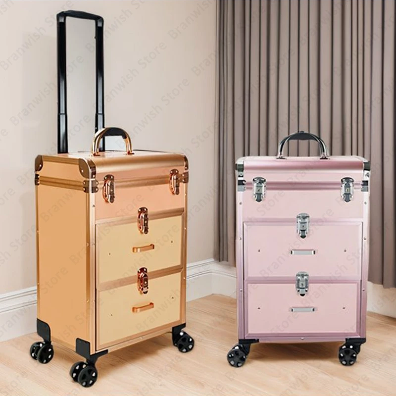 Beauty Makeup Train Case Trolley Case On Wheels For Manicure Professional Nail Cosmetic Case Makeup Carrier Makeup Organizer