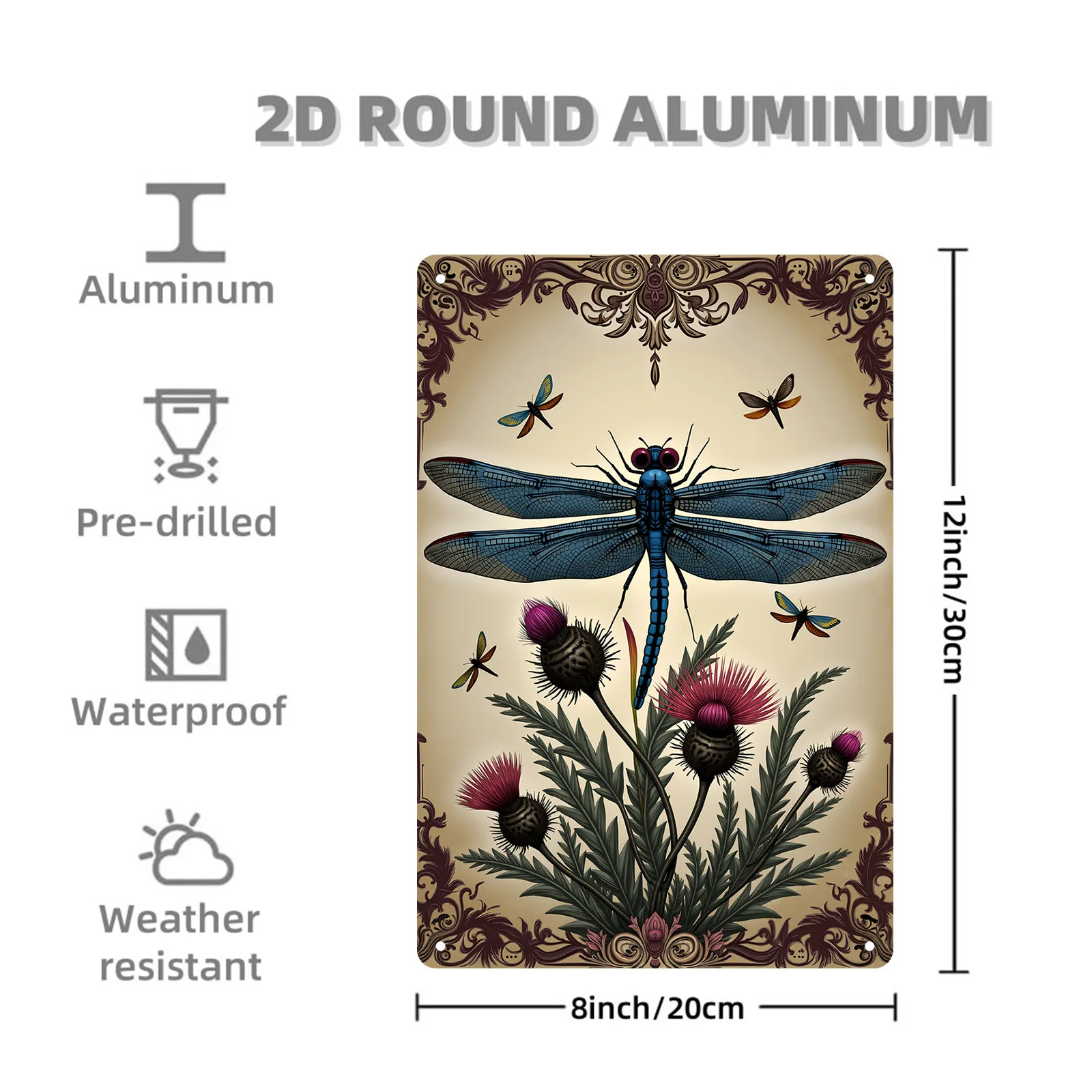 Letrero de metal con diseño floral y libélula, duradero, resistente al agua y a la intemperie, preperforado para una fácil suspensión, 30,48 x 20,3, 1 ud.