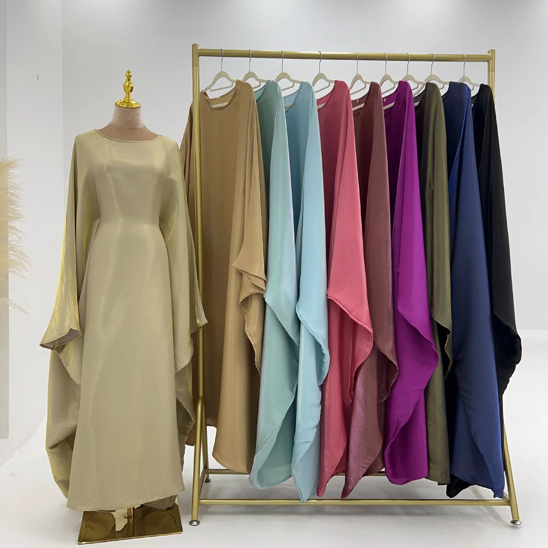 Modest Women Muslim Abaya Shinny Polyester Plus Size 20 Colors Arabic Elegant Dress with Inside Belt Solid Color Islamic Kaftan