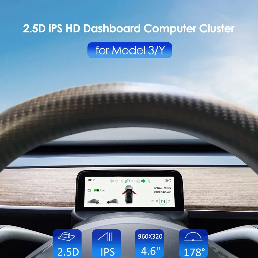 

HUB for Tesla Model 3 Y 4.6'' Dashboard Steering Wheel Instrument HD LCD Displayer Speedometer Head-up Display Car Modification