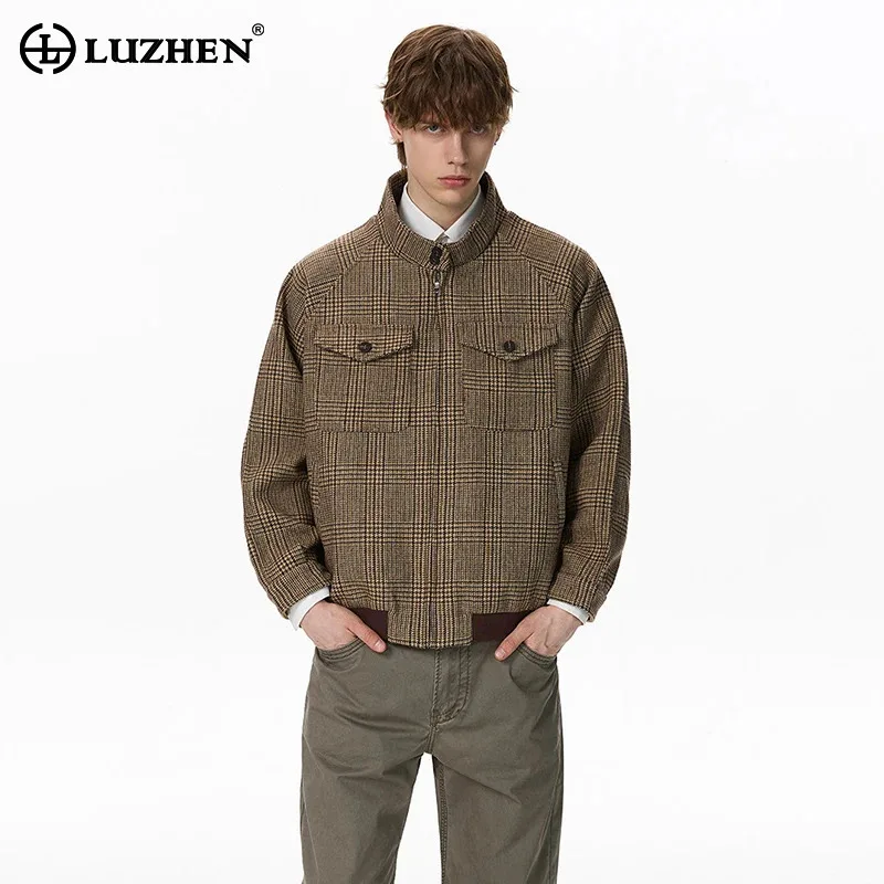 LUZHEN 2026 New Fashion Checked Printed Pockets Decorate Casual Jacket Men's Handsome Original Elegant Stand Collar Coat JY9508
