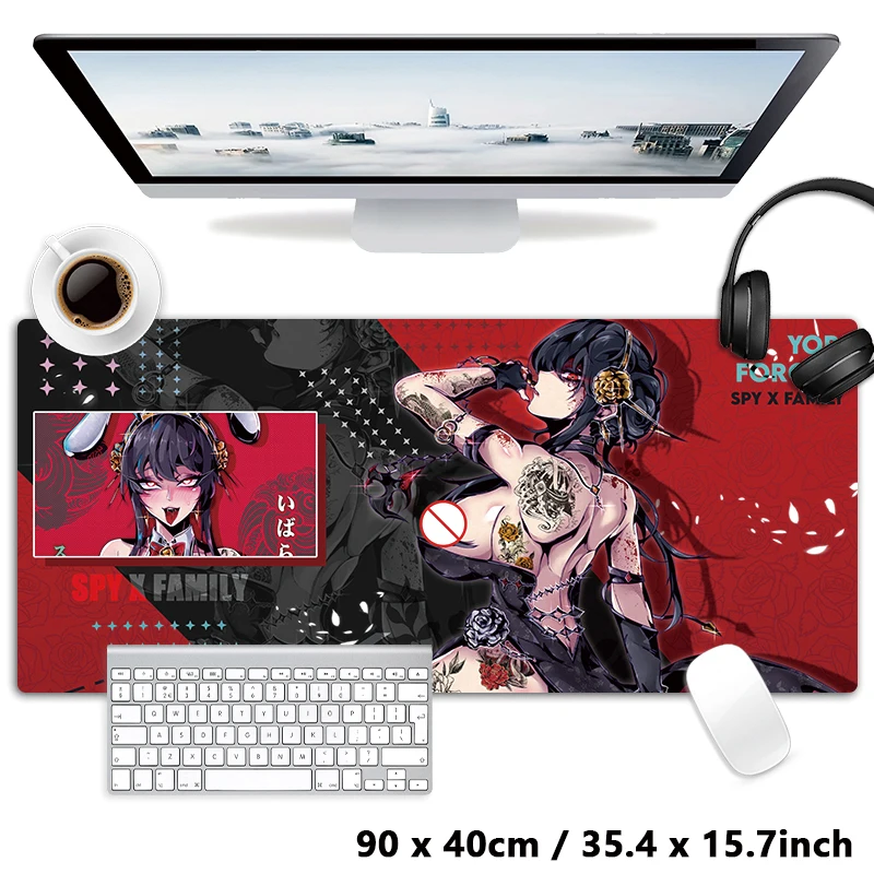 XXL 900x400mm Black-haired Red-eyed Assassin Lady Anime Gaming Mouse Pad Non-Slip Rubber Stitched Desk Mat for PC