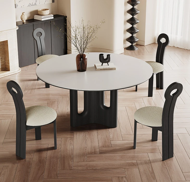 un-Modern Vintage Dining Table Porcelain Stone Round with Black Legs Stable Design for Apartment High-End Home Use Lazy Susan-