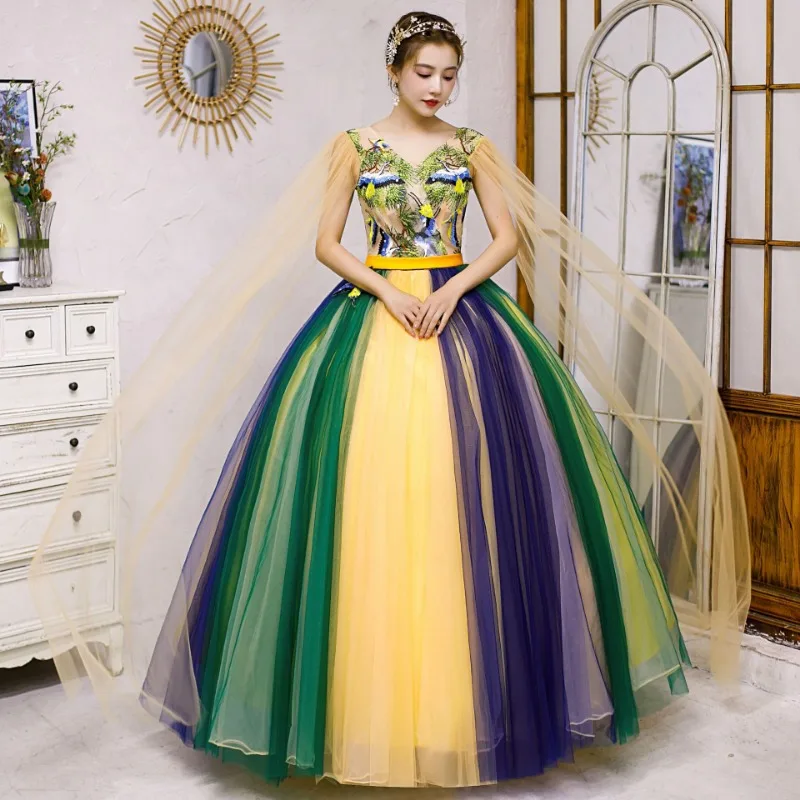 

2026 New Stage Chorus Solo Evening Dress Female Company Annual Meeting Voice Host Puffy Skirt Studio Colorful Yarn Elegant