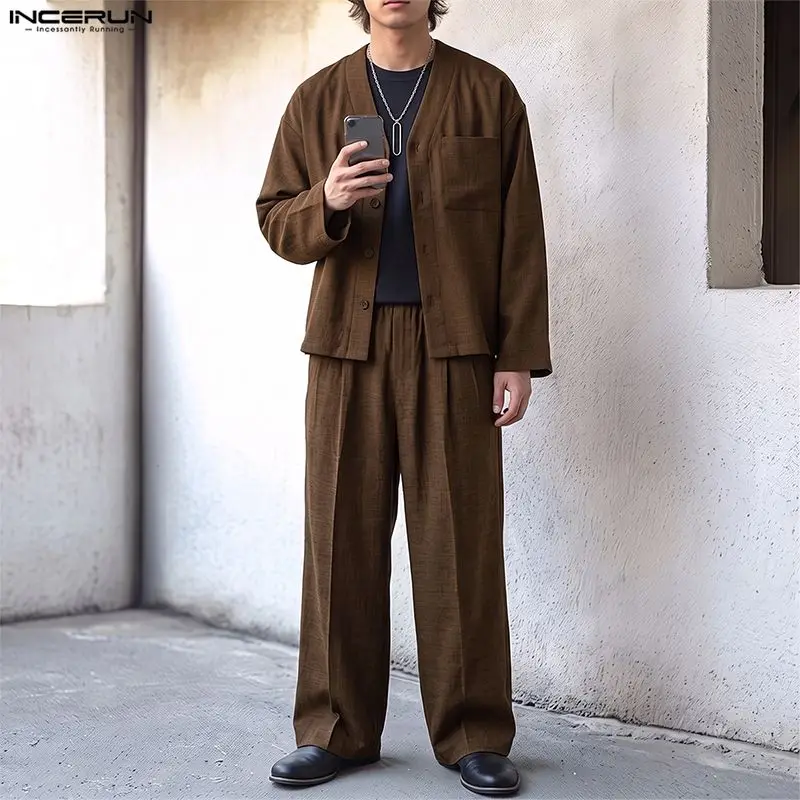 INCERUN Men Sets Solid Color Loose V Neck Long Sleeve Shirt Pants Two Piece Sets Streetwear Casual Tracksuits Men Matching Sets