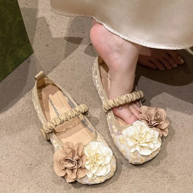 Flower Mesh Lace Flats Mary Janes Shoes Women Sandals Summer Dress Comfort Shoes New Shallow Designer Casual Zapatillas De Mujer