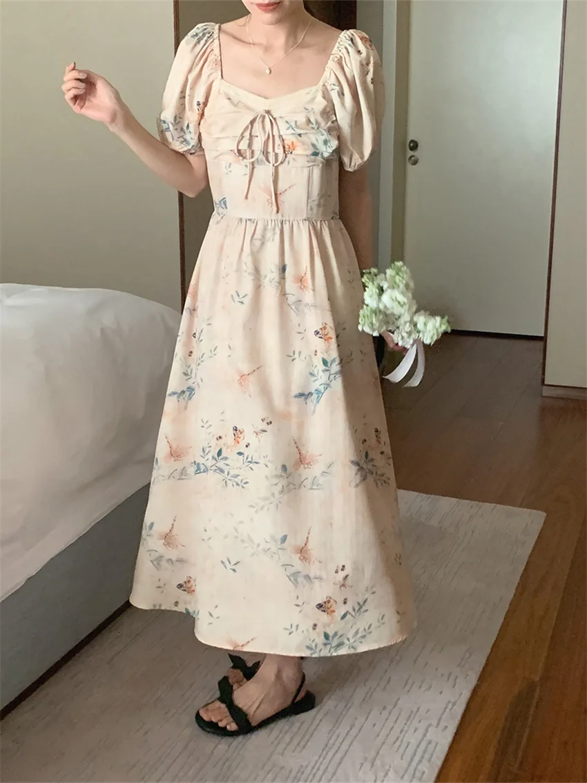 Alien Kitty Gentle OL Princess Dress Women Slim Floral Fashion Summer vita alta colletto quadrato dolce elegante manica a sbuffo OL