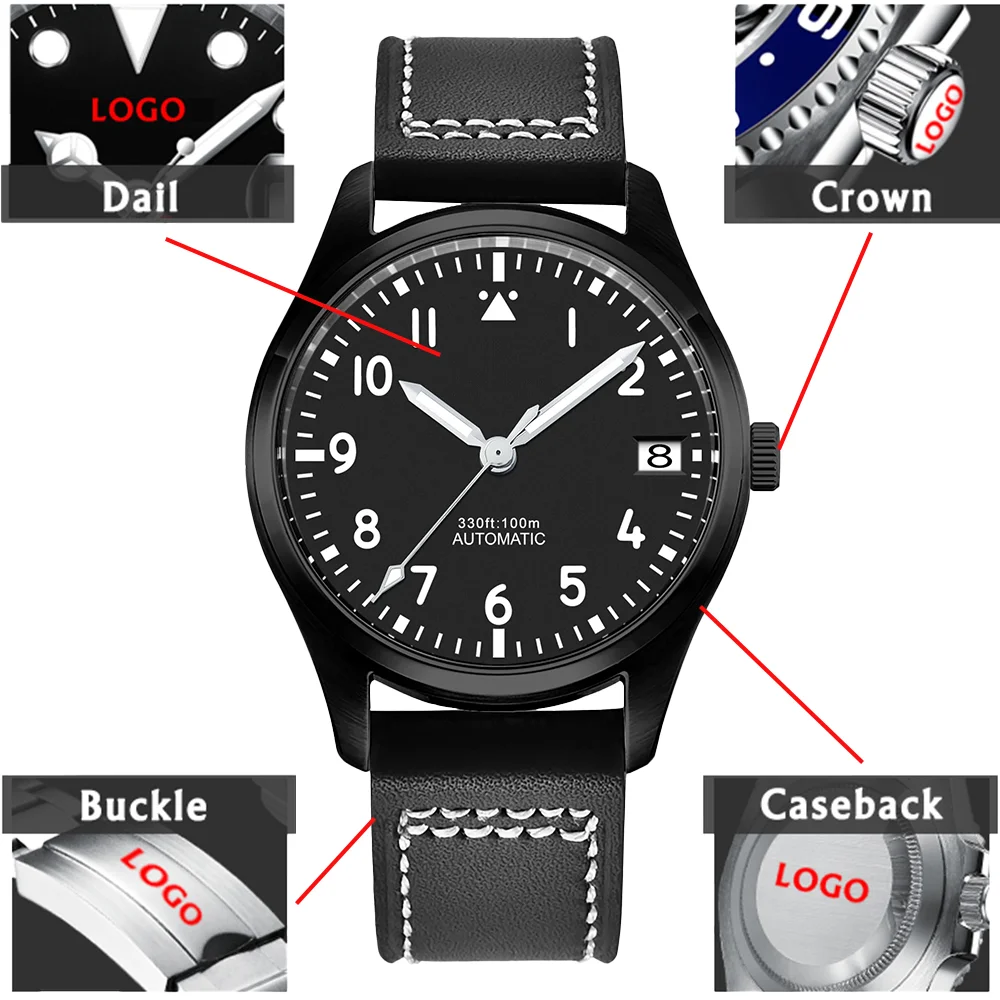 Custom logo 39MM Men's Watch Sports Fashion Automatic Mechanical Watch Sapphire Glass Calendar Display Wristwatch Model 2076