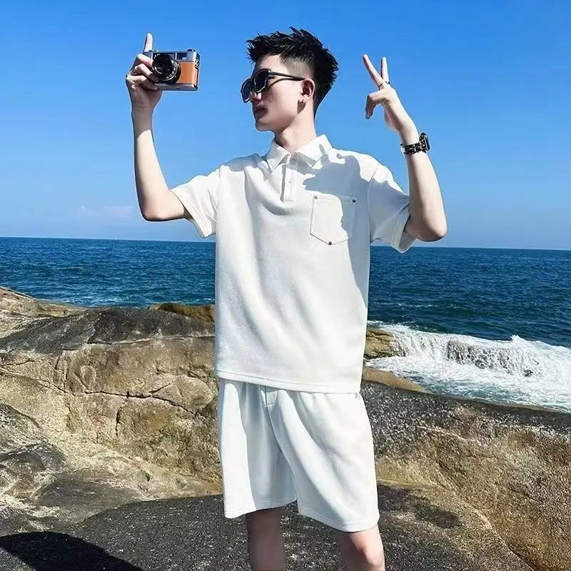 Summer Men Polo Shirt Shorts Matching Set Casual Business Style Loose Fit Trendy Two Piece Outfit for Men