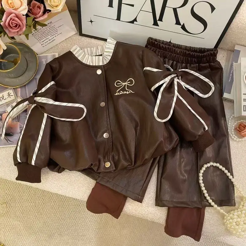 Girls Faux Leather Jacket & Pants Set – Ruffle Trim Stand Collar Spliced Cuffs, Autumn 2-Piece Outfit Toddler Girl Clothes