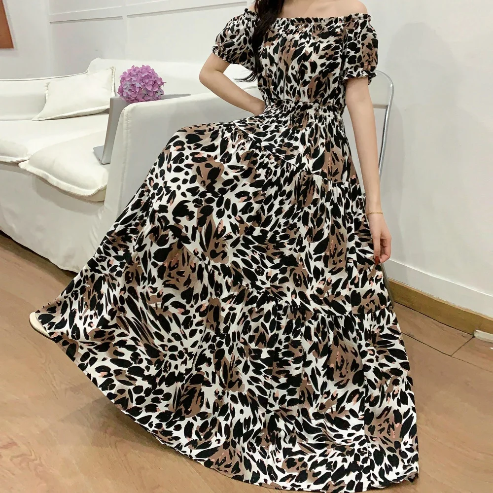 Women's Leopard Vintage Dress French New Lady's Romantic Elegant Dress Slash Neck Short Sleeve Elastic Waist A-Line Dress Retro