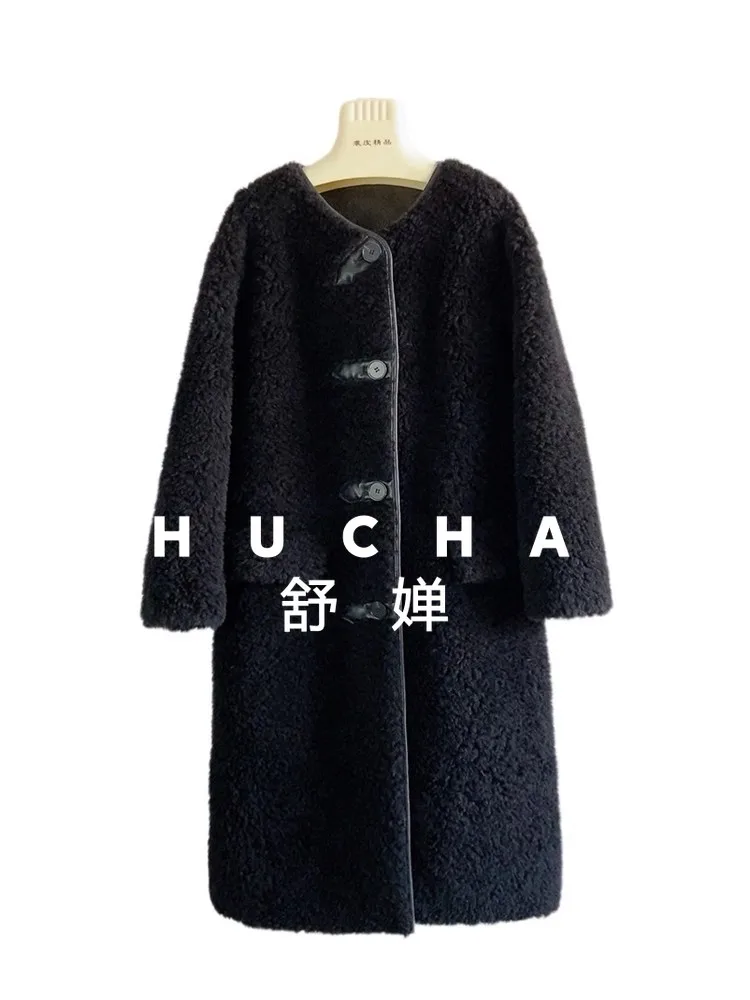 100% casaco de lã feminino novo inverno quente novo longo encaracolado casaco em torno do pescoço casacos femininos inverno 2025