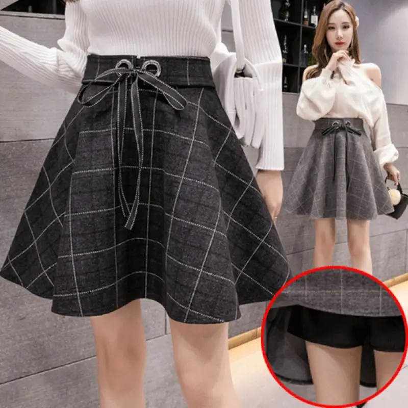 Woolen Plaid High Waist Skirt Women Korean Slim Mini A-line Lace up Ball Gown Skirt Autumn Winter Preppy Style Skort Female