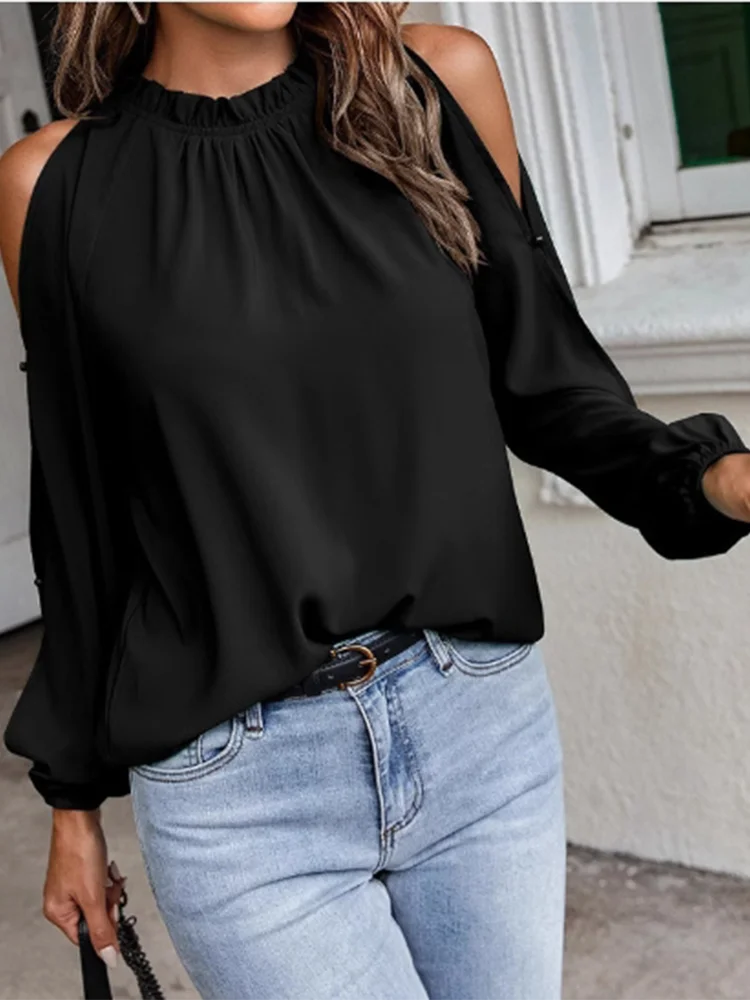 

Off Shoulder Sexy Pleated Long Sleeved Solid Color Round Neck Women's Shirt Daily Office Elegant Versatile Spring Top