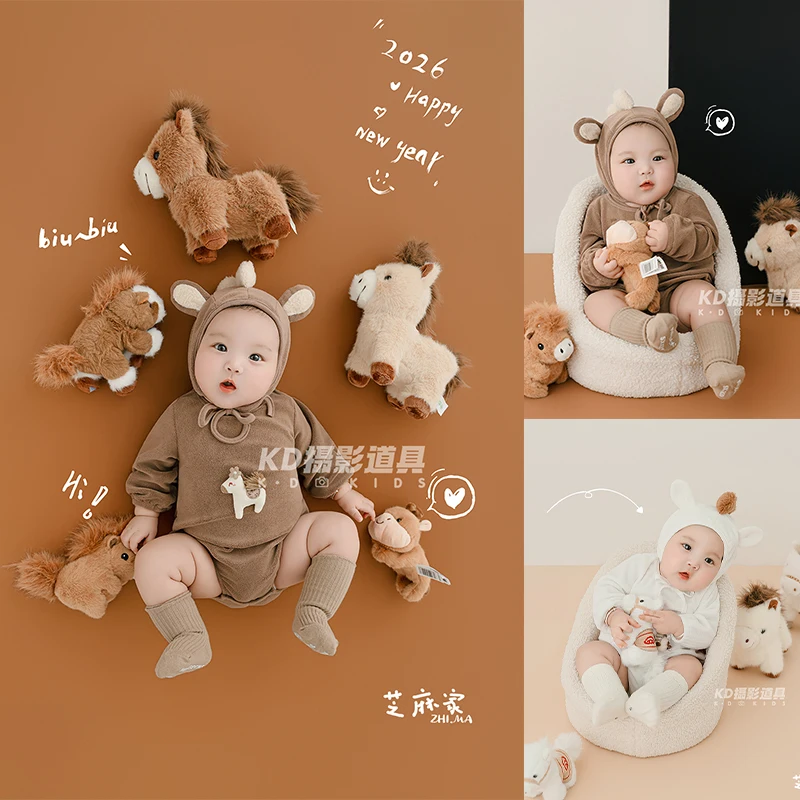 

100 Days Baby Cute Poney Theme Photography Props Knitted Brown/White Costume with Hat Socks 3pcs/Set Studio Photoshoot Outfit